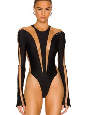 Mugler Black and Black Sheer Long-Sleeve Cutout High-Cut Bodysuit